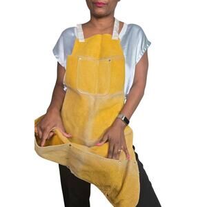 Vintage Thick Yellow Suede Leather Work Apron Welding Utility Pockets One Size